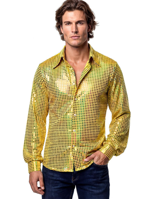 Vue de face de la chemise disco pour homme jaune haut de gamme à sequins
