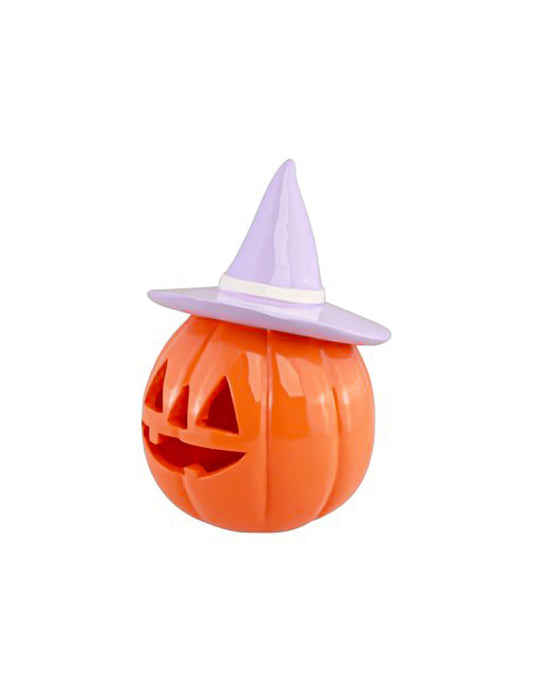 Dekoratívna tekvica Summerween z oranžovej živice s fialkovým klobúkom 12,5 x 12,3 x 17 cm