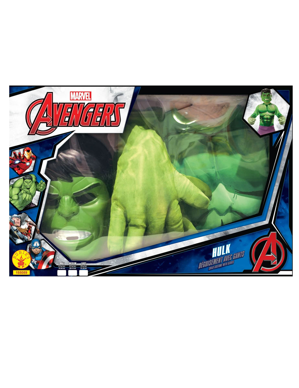 Pohľad na obal s maskou a rukavicami klasickej sady Hulk s obrovskými rukavicami pre chlapec
