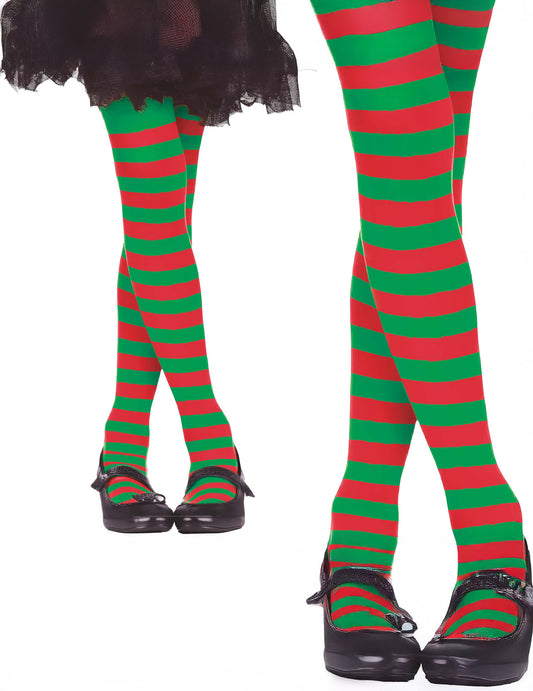 Détail du motif à rayures des collants rouge et vert pour enfant
