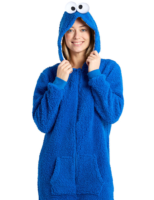 Gros plan sur la capuche de la combinaison Cookie Monster Sesame Street