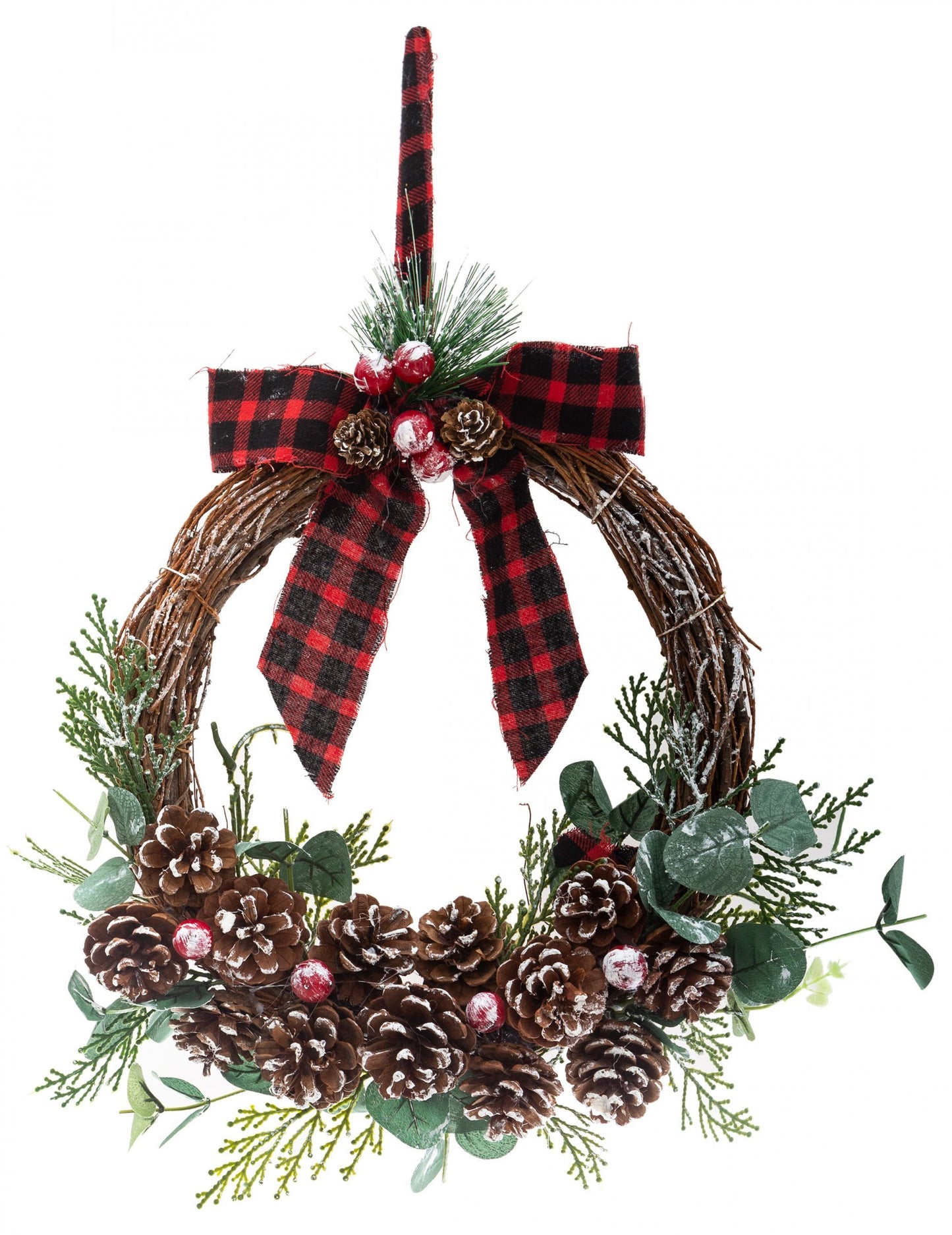 Závesný veniec s tartanovou mašľou a šiškami 40 cm, eukalyptus a bobule