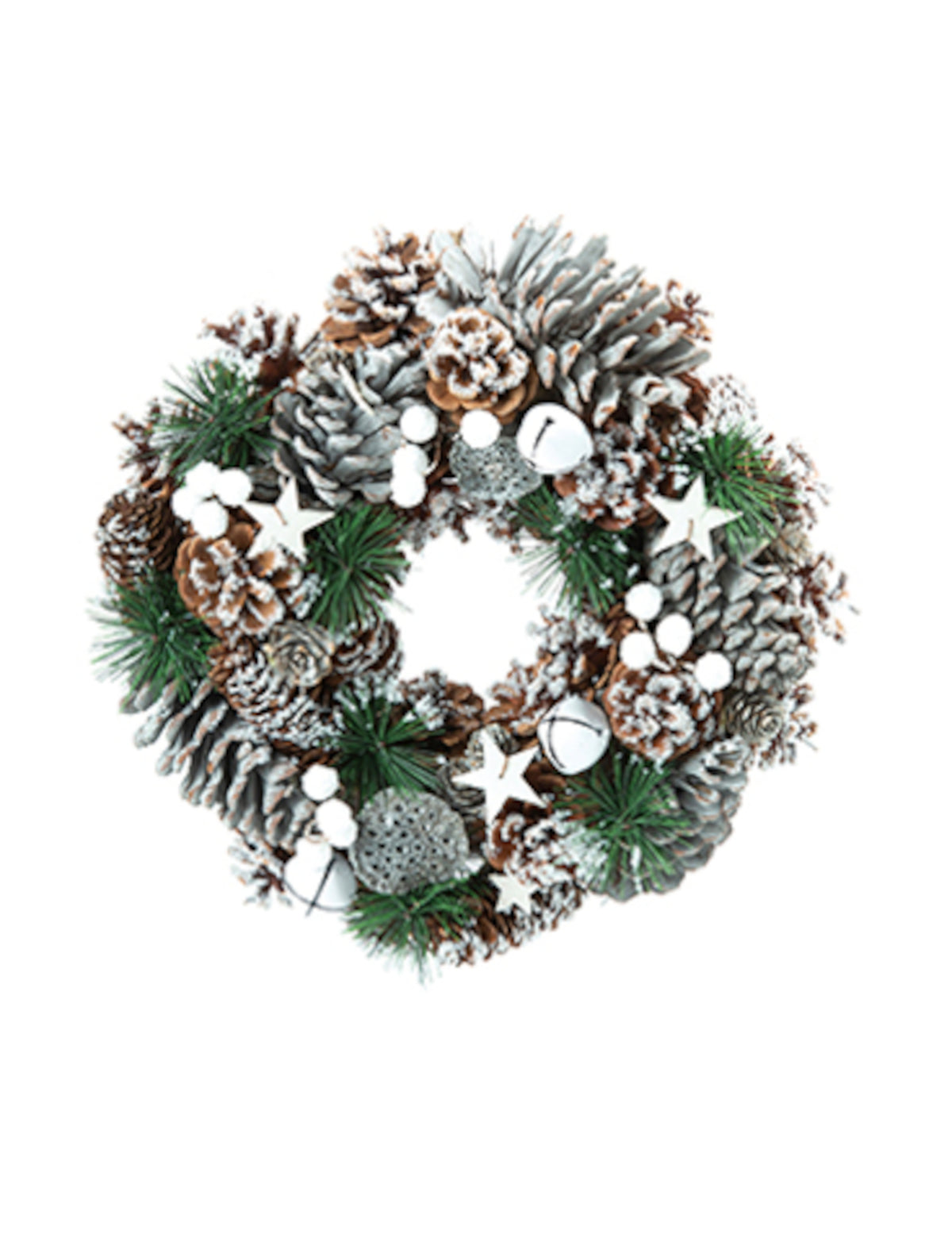 Couronne de Noël naturelle pommes de pin enneigées blanc et vert avec étoiles et grelots