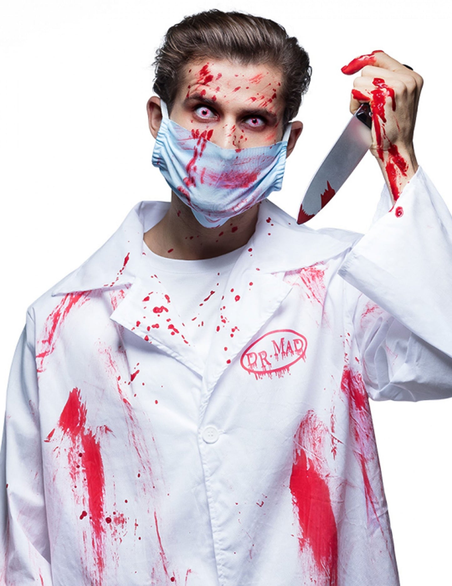 Situácia s kostýmom doktora a plastovým nožom na Halloween s krvavým efektom
