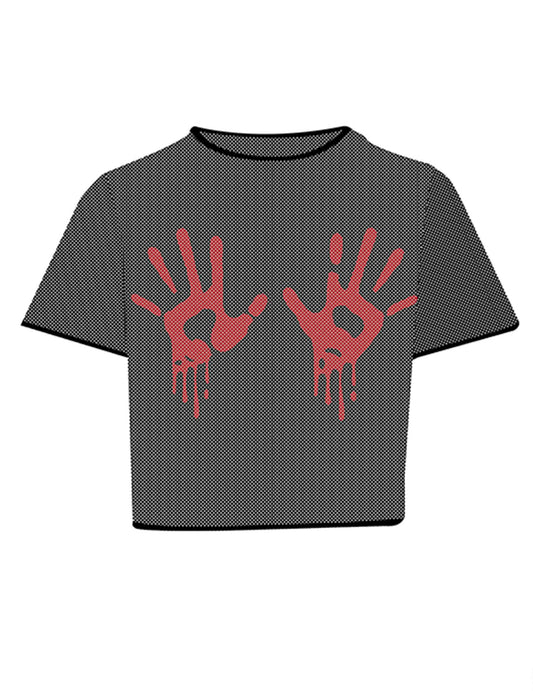 Čierny sieťovaný crop top s krvavými rukami pre dospelých