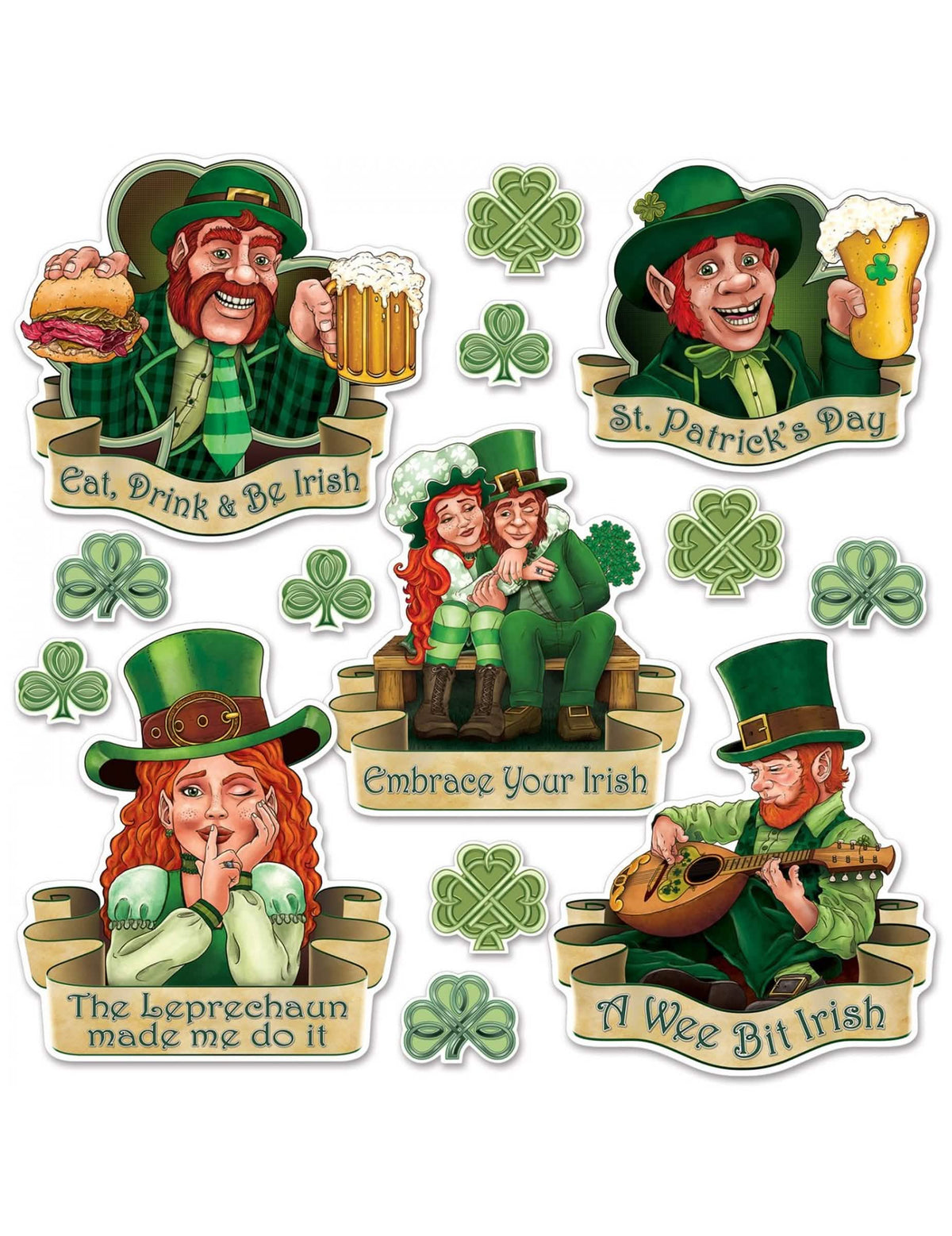 Kartónové výrezy svätý patrik na dekoráciu oslavy zelená s ilustráciami leprechaunov