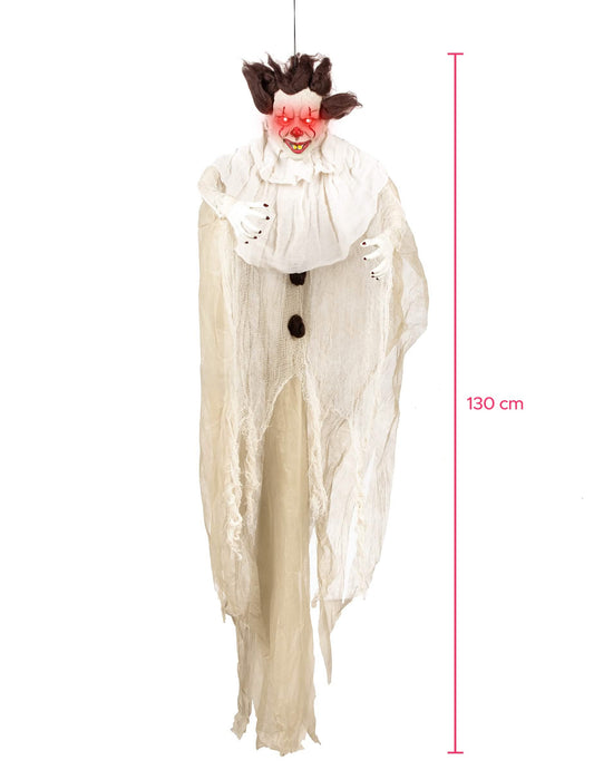 Závesná dekorácia vrah klaun na halloween biela s červenými svietiacimi očami