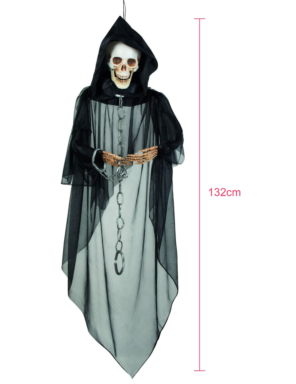 Predný celkový pohľad na závesnú dekoráciu reťazového skeletu na halloween