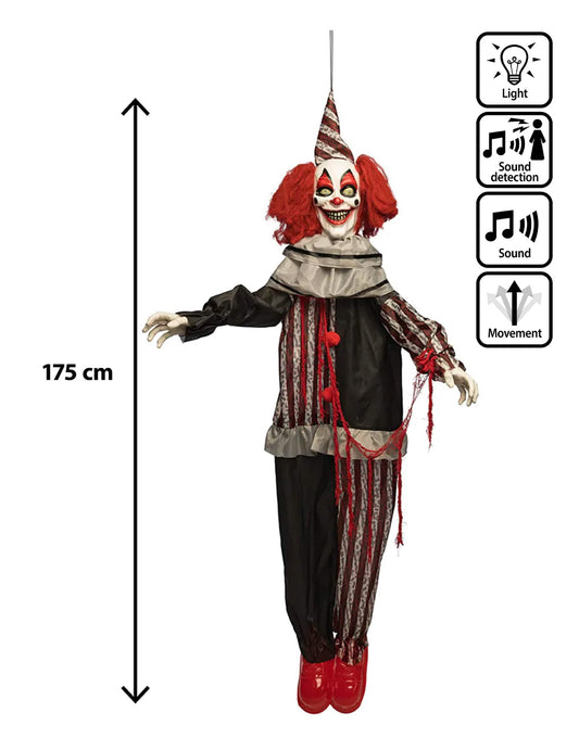 Animovaná závesná dekorácia zlomyseľného klauna so smiechom a pohybom 175 cm