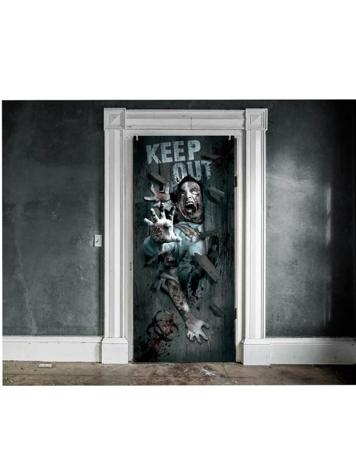 Halloweenska dekorácia na dvere sivý zombie s nápisom Keep Out a zakrvavenými rukami