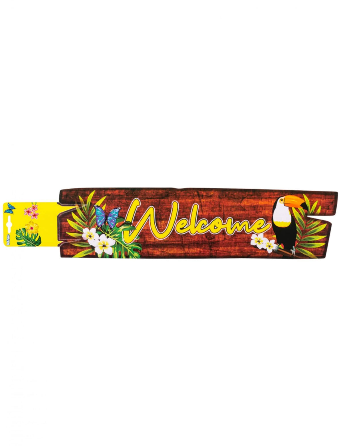 Dekorácia na stenu welcome toucan s dreveným efektom s tropickými kvetmi a motýlemi