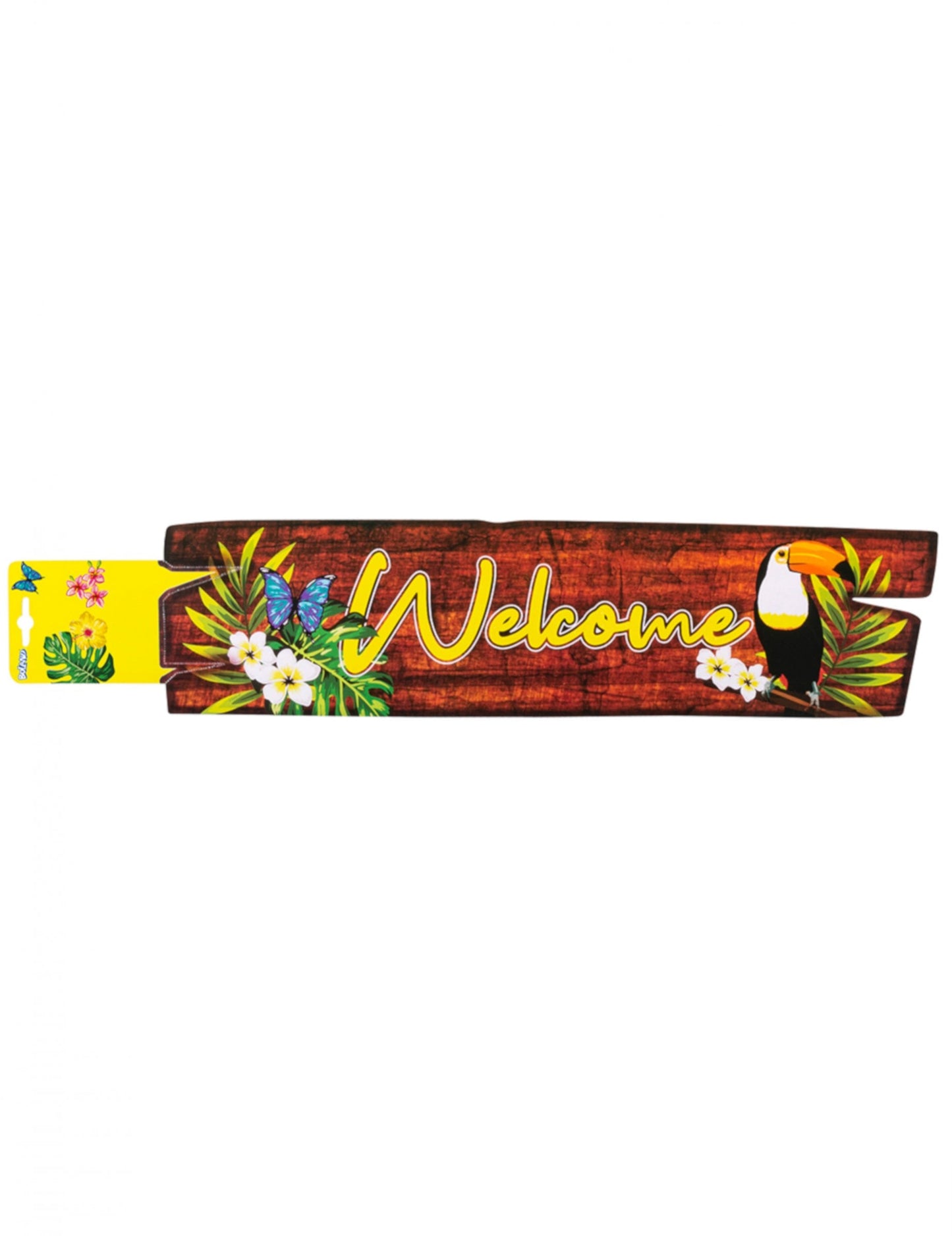 Décoration murale welcome toucan effet bois avec fleurs tropicales et papillon