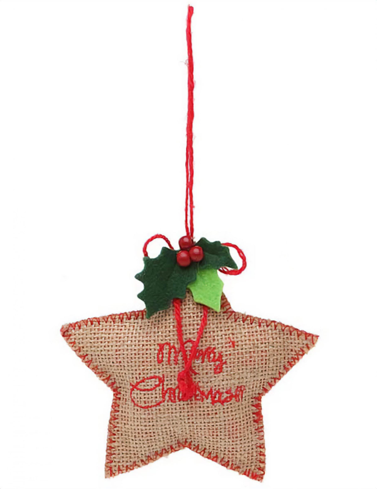 Závesná hviezda z látky Merry Christmas na vianoce z hnedej a červenej juty s cezmínou