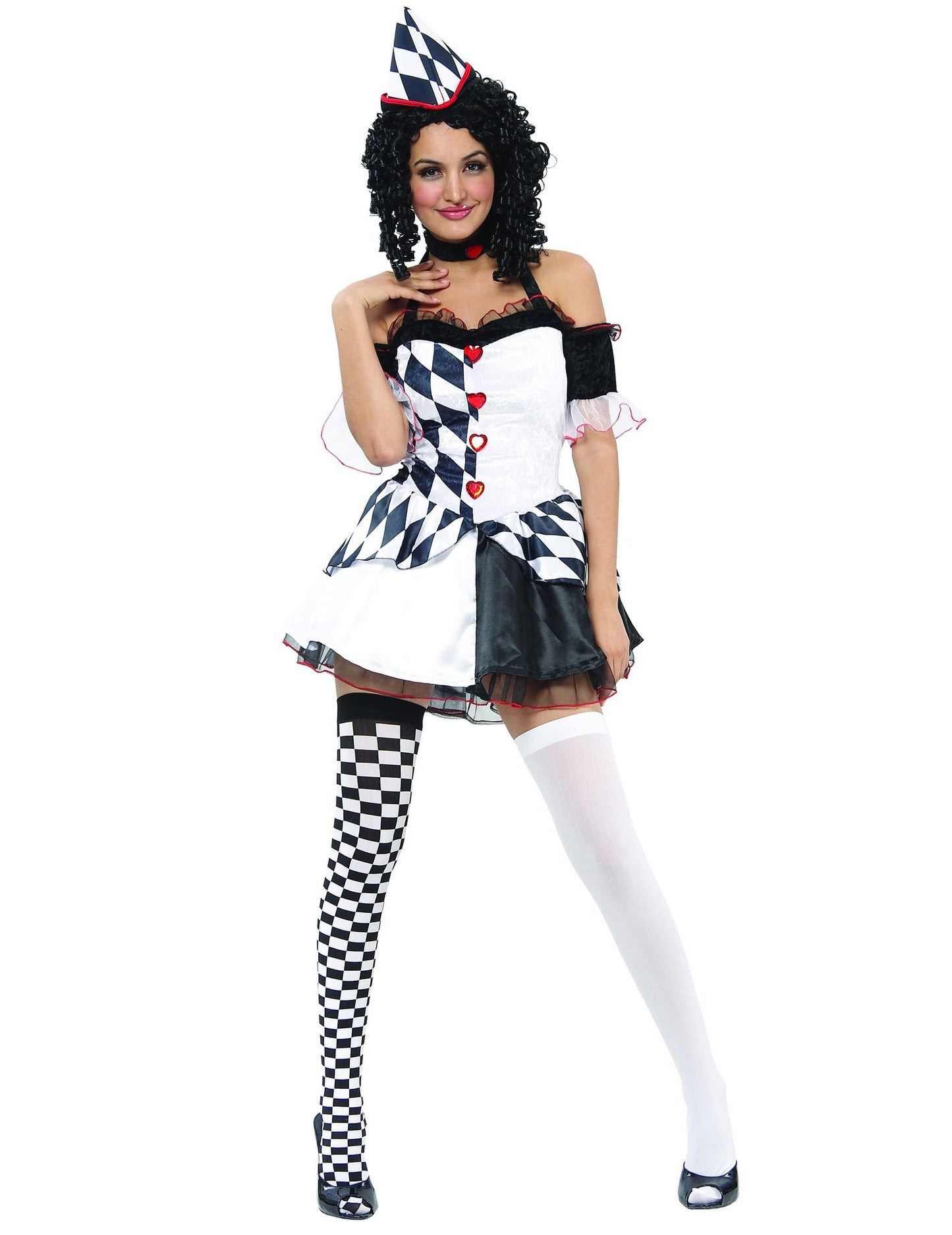Déguisement arlequin sexy pour femme noir et blanc avec motifs losanges et cœurs rouges