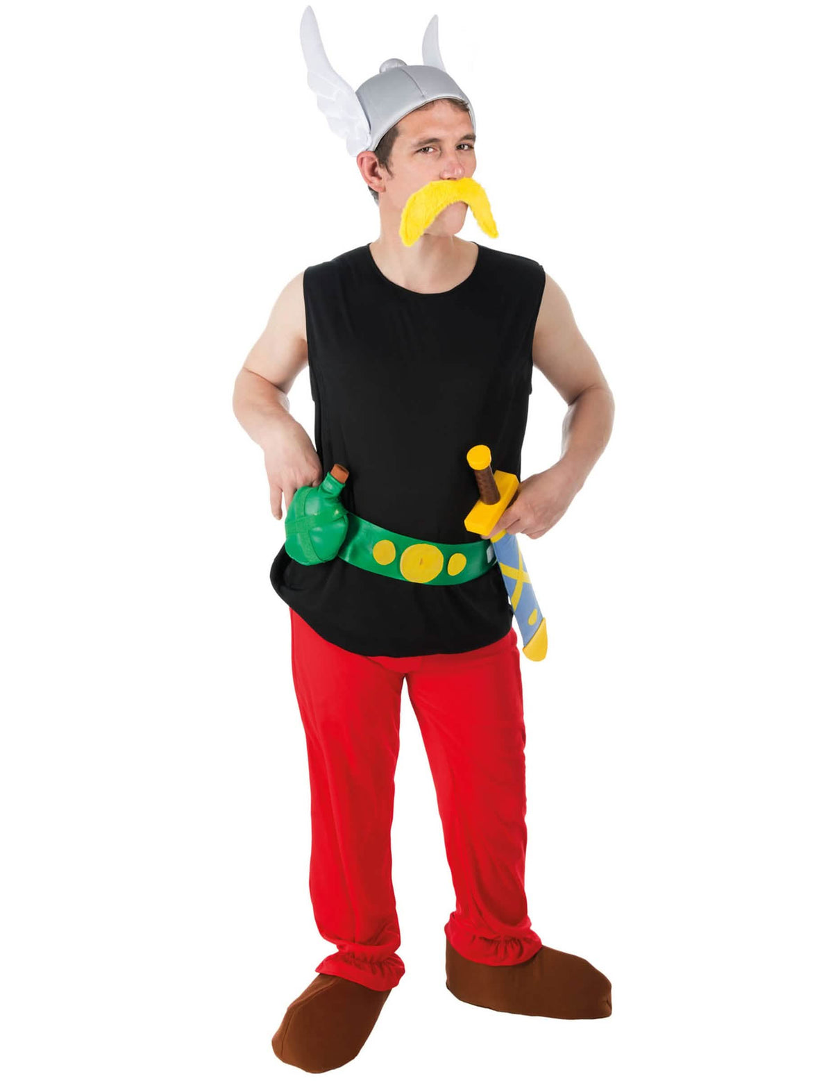 Kostým Asterix pre dospelého čierna a červená s okrídlenou prilbou a žltá fúzy