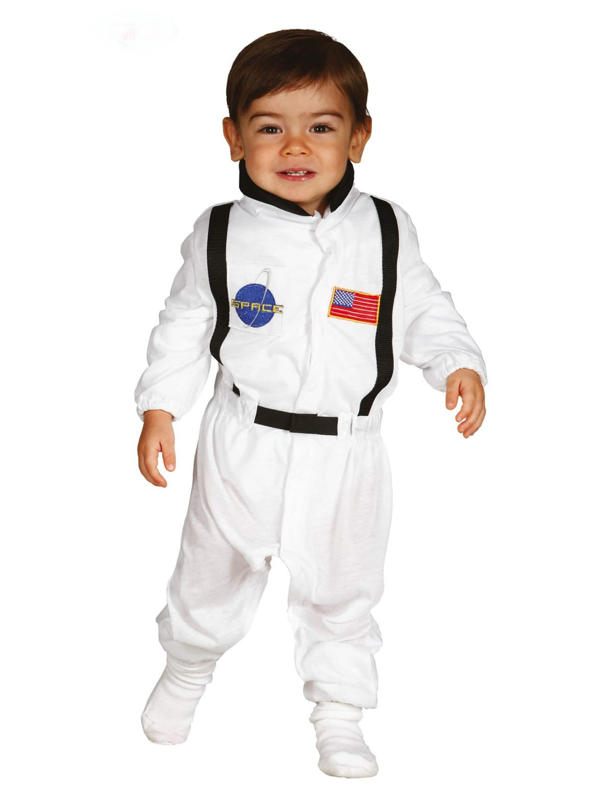 Kostým astronauti pre bábätko biela s nášivkami a čiernymi trakmi