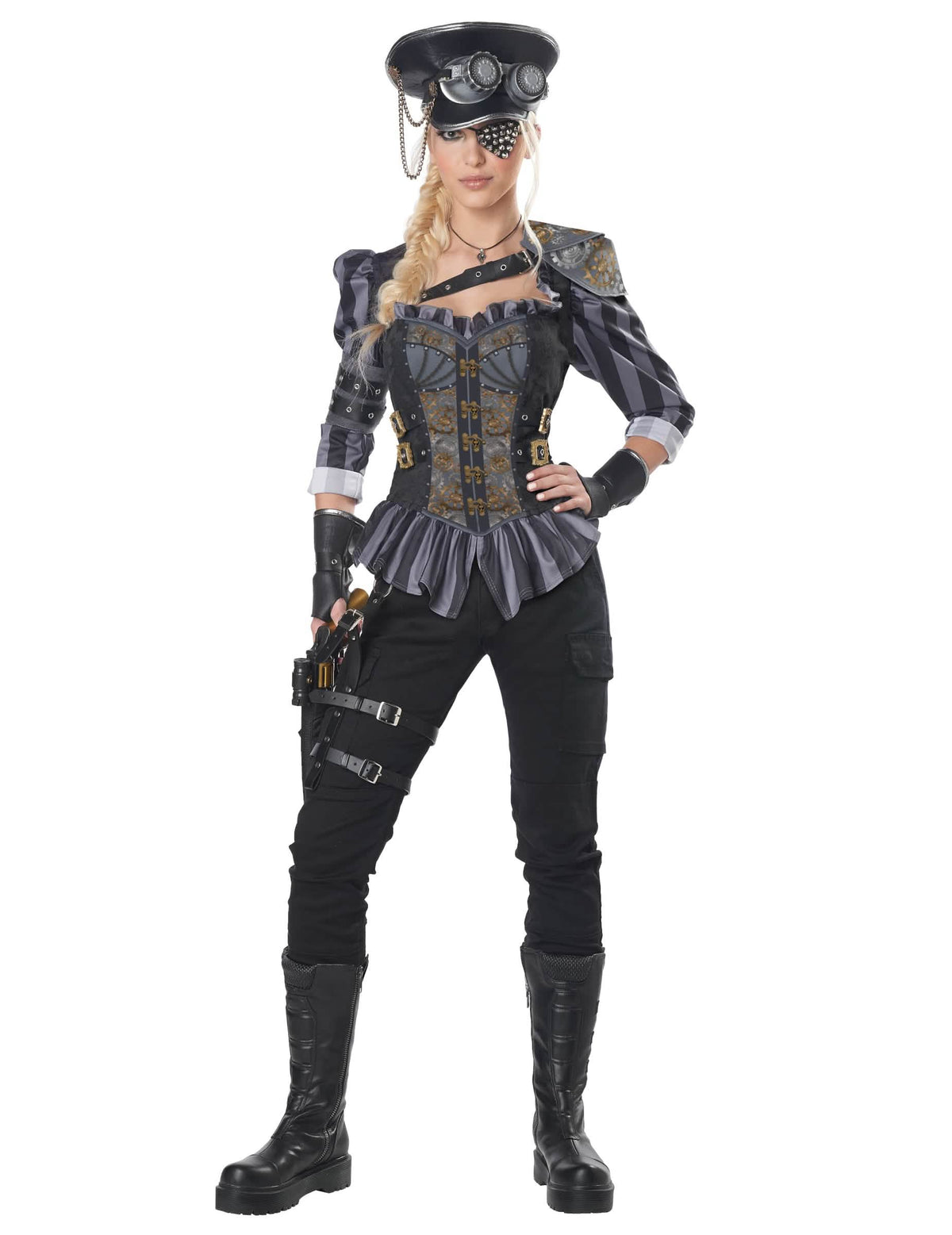 Kostým kapitána steampunk luxus pre ženu čierna a sivá s korzetom a klobúkom