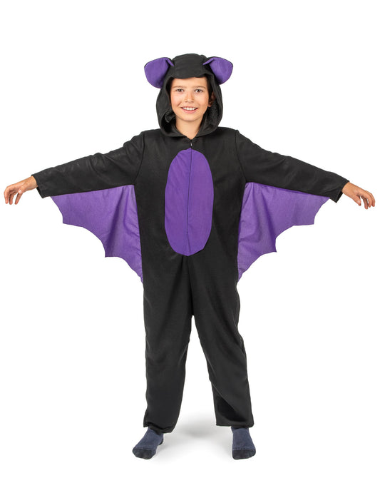 Vue de face les bras écartés du déguisement combinaison chauve-souris