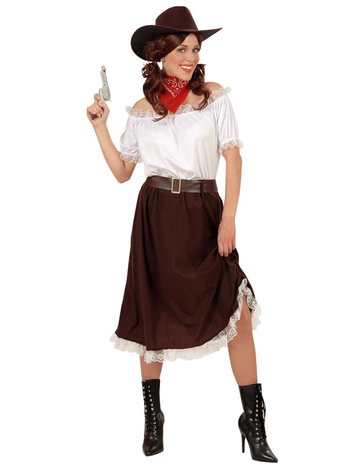 Kostým cowgirl pre ženu biela a hnedá s klobúkom a červenou bandanou