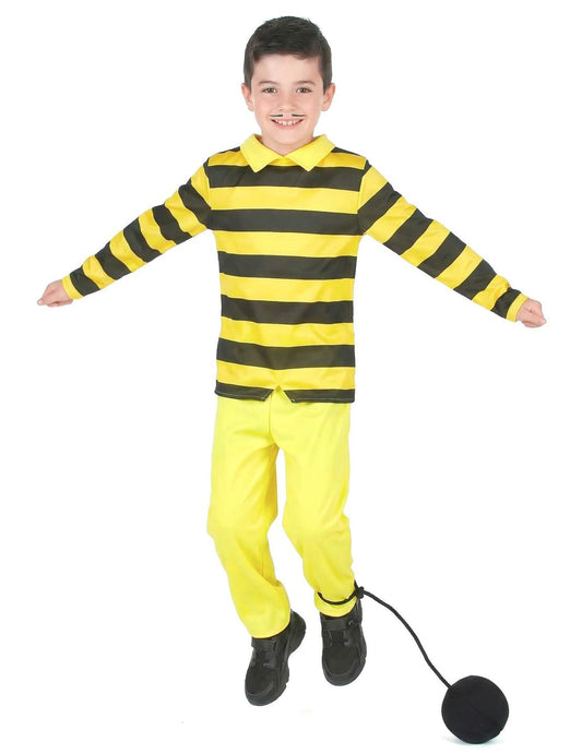 Pohľad spredu s guliou na nohe kostýmu Dalton Lucky Luke pre dieťa