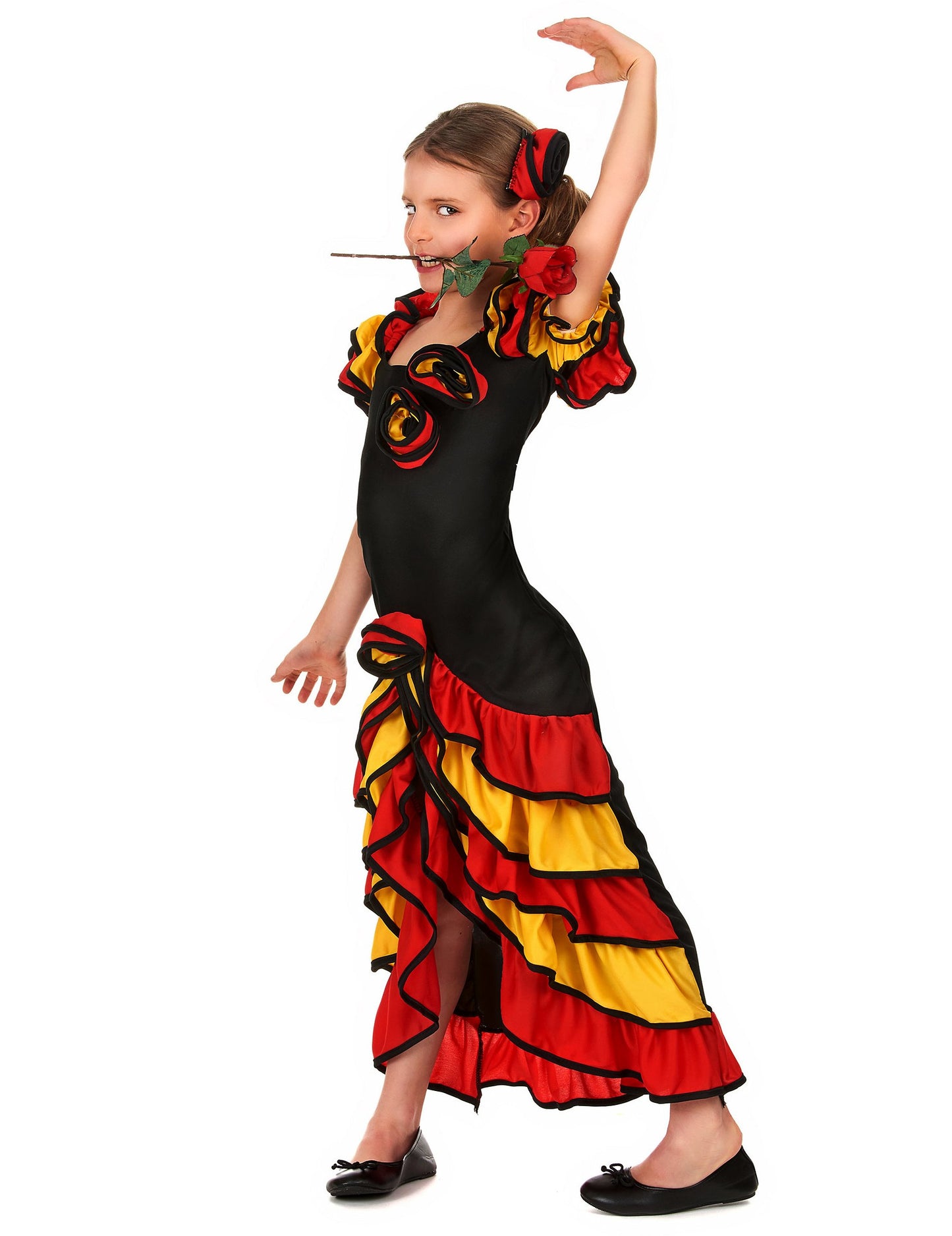 Bočný pohľad na kostým španielskej tanečnice pre dievča