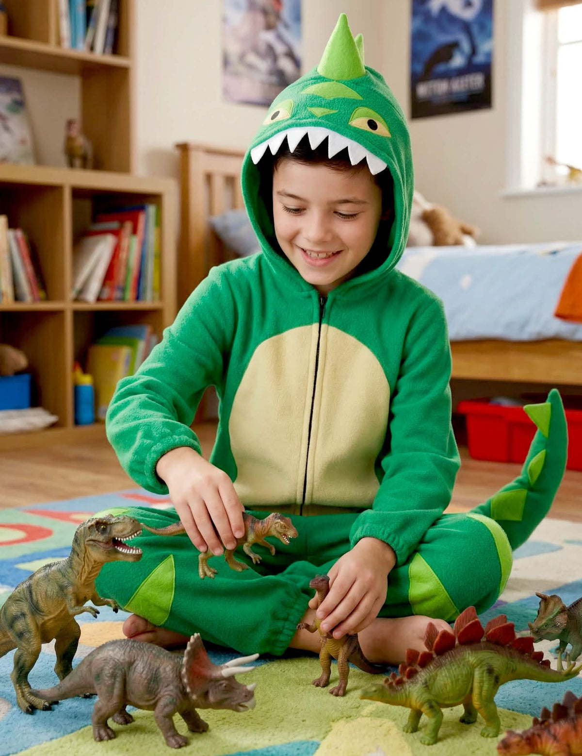 Pohľad zo sedenia, ako si hrá v detskom dinosaurom kostýme
