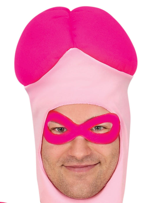 Gros plan sur la cagoule et le loup rose du déguisement Dickman pour adulte