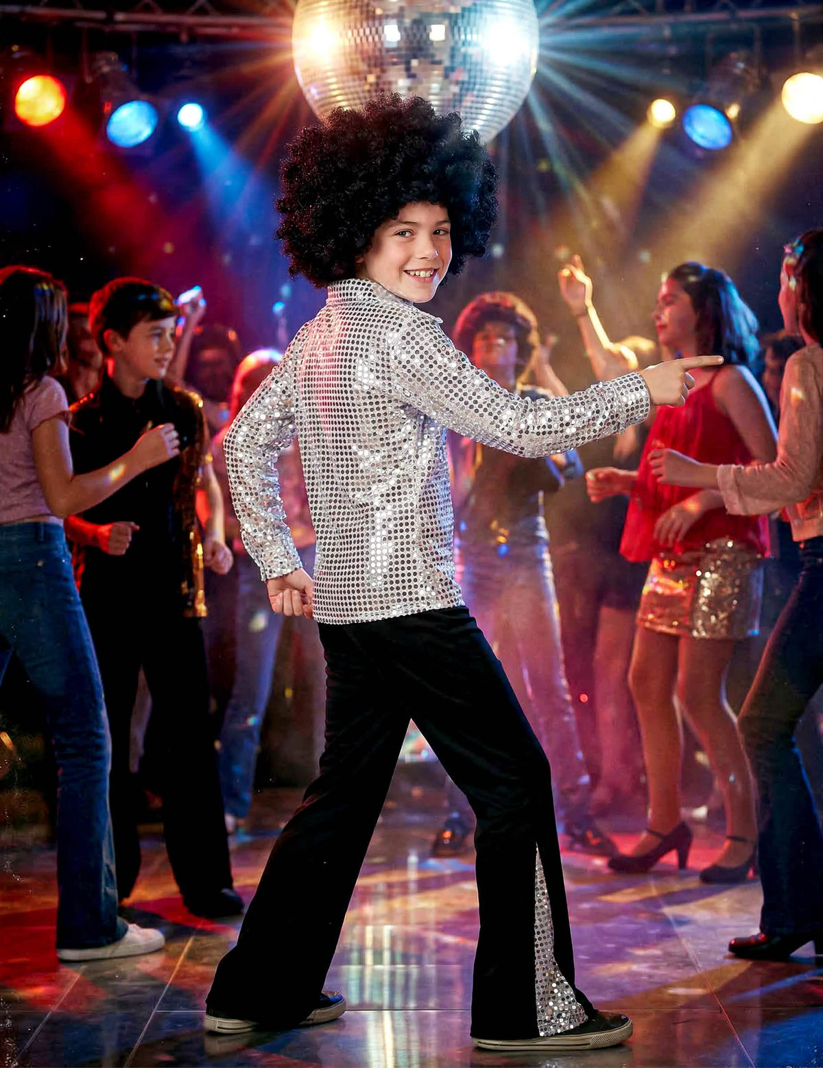 Bočný pohľad na disco kostým pre chlapec strieborná s flitrami