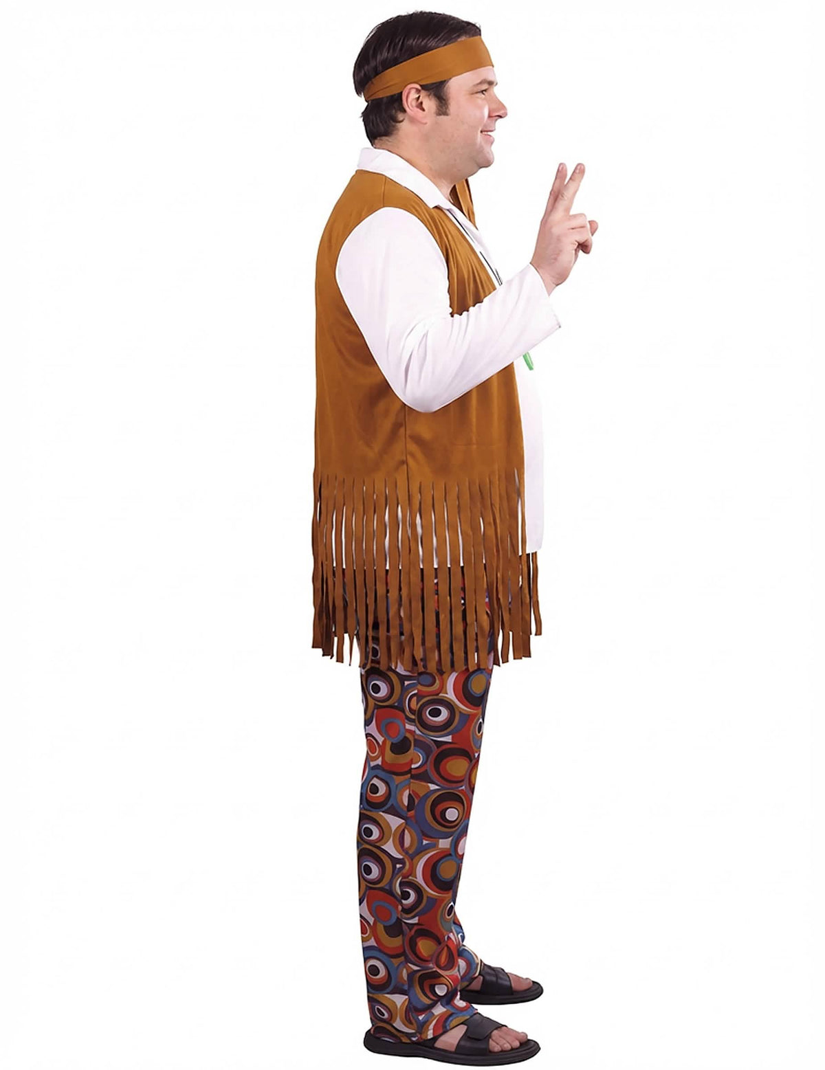 Pohľad z profilu na hnedá a biela hippie kostým pre muž