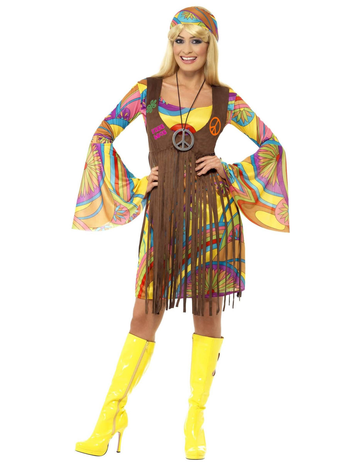 Predný pohľad na hippie kostým s kvetmi zo 70. rokov