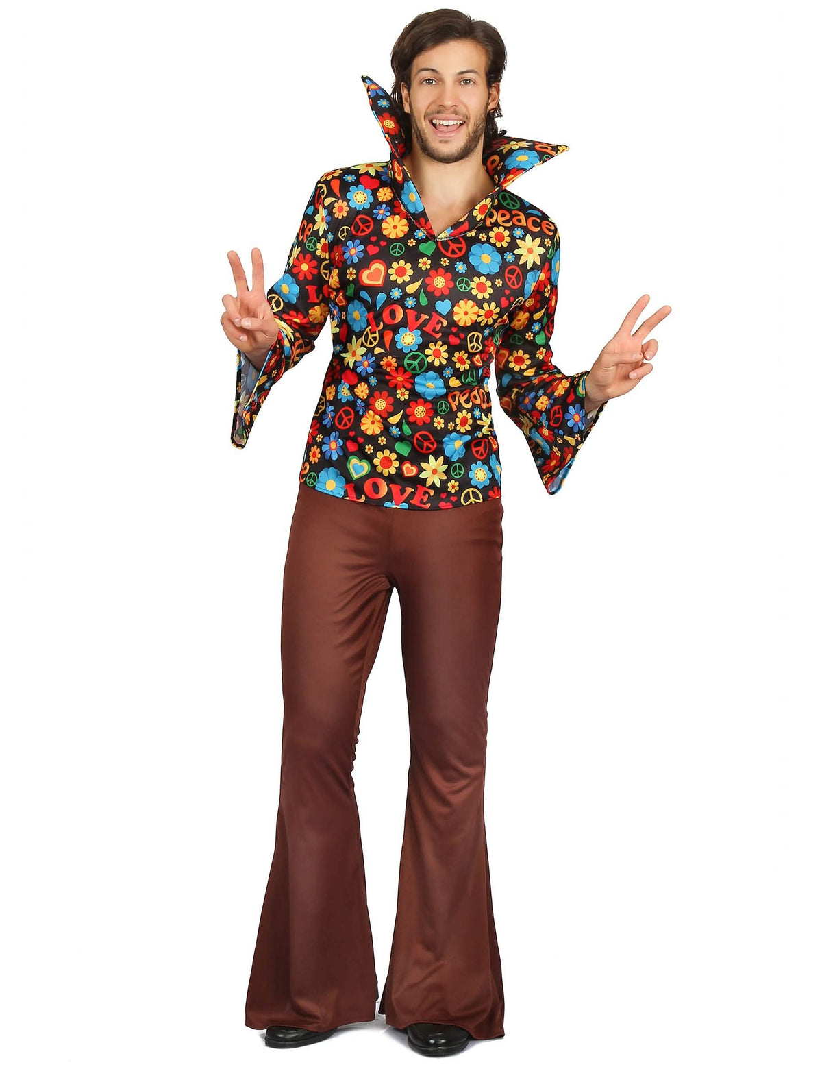 Hippie kostým pre muž s multicolor kvetmi s hnedá nohavicami