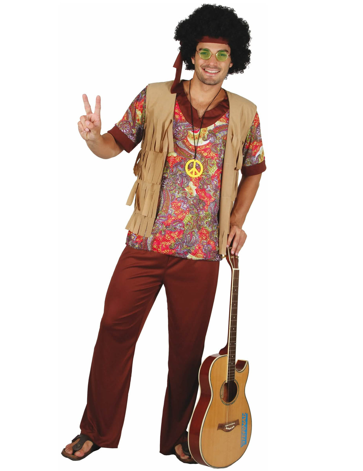 Hippie kostým pre muž s červená vzorom a strapcovou vestou