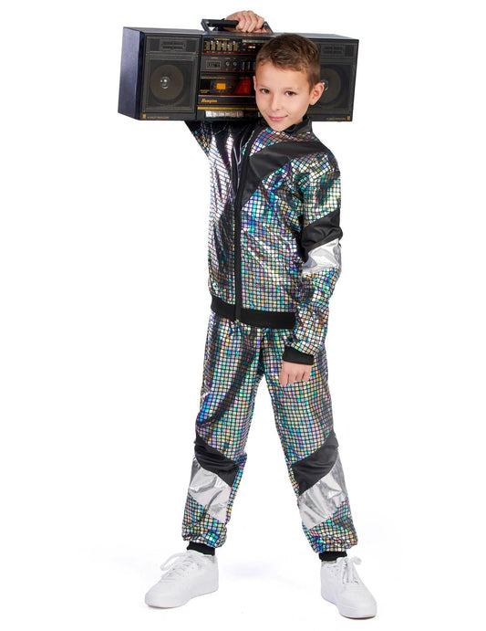 Mise en situation avec poste radio du déguisement jogging disco années 80 adolescent