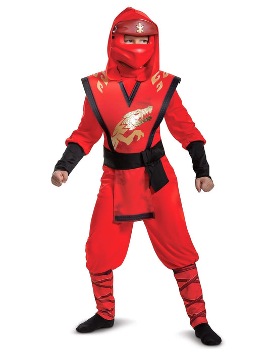Vue de face du costume rouge du déguisement de couple LEGACY Ninjago pour enfants