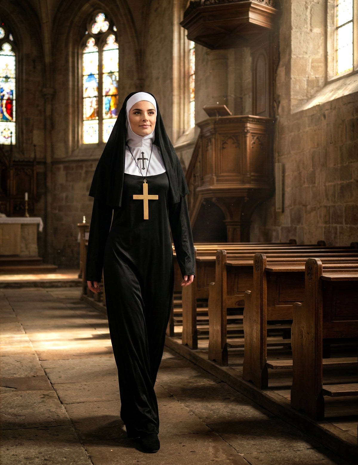 Mise en scène dans une église du déguisement de nonne pour femme