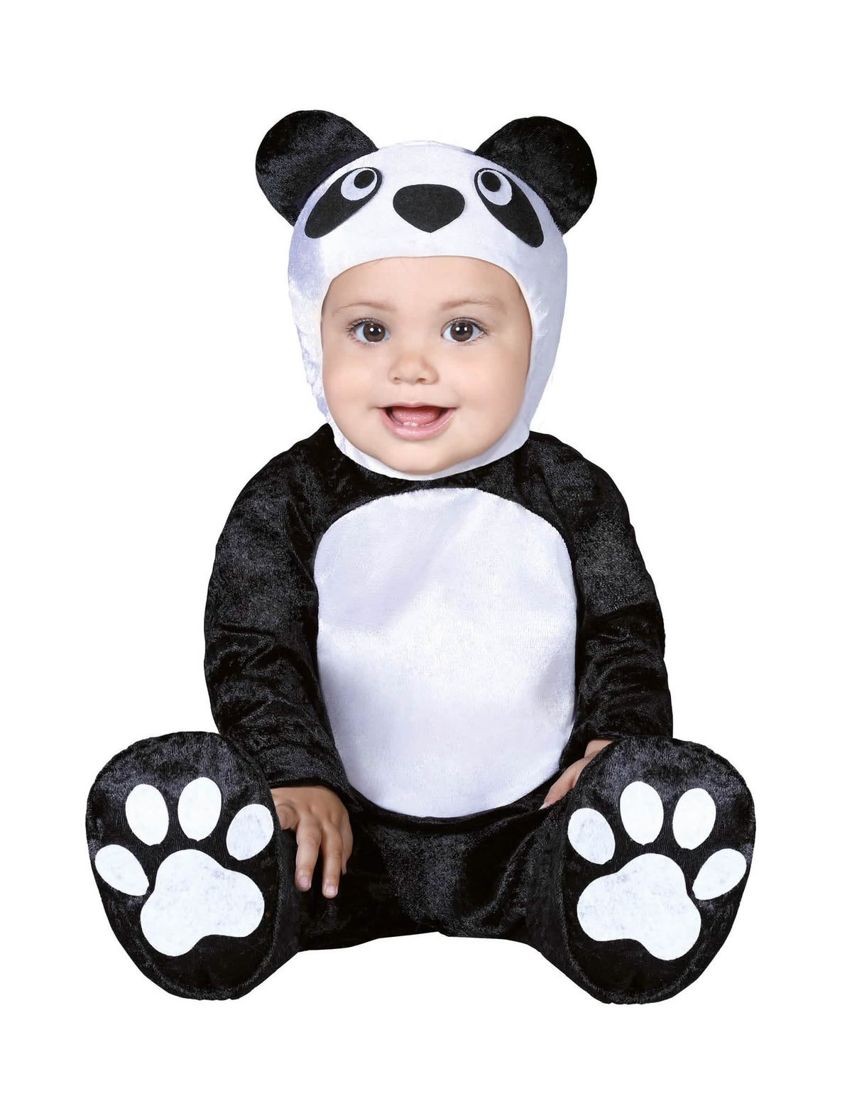 Kostým malý panda pre bábätko čierna a biela s kapucňou s ušami