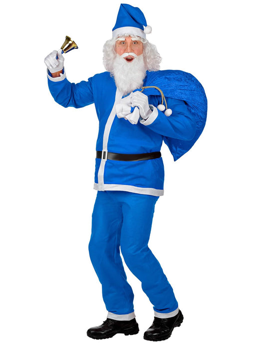 Vue de face du déguisement de Père Noël bleu pour homme