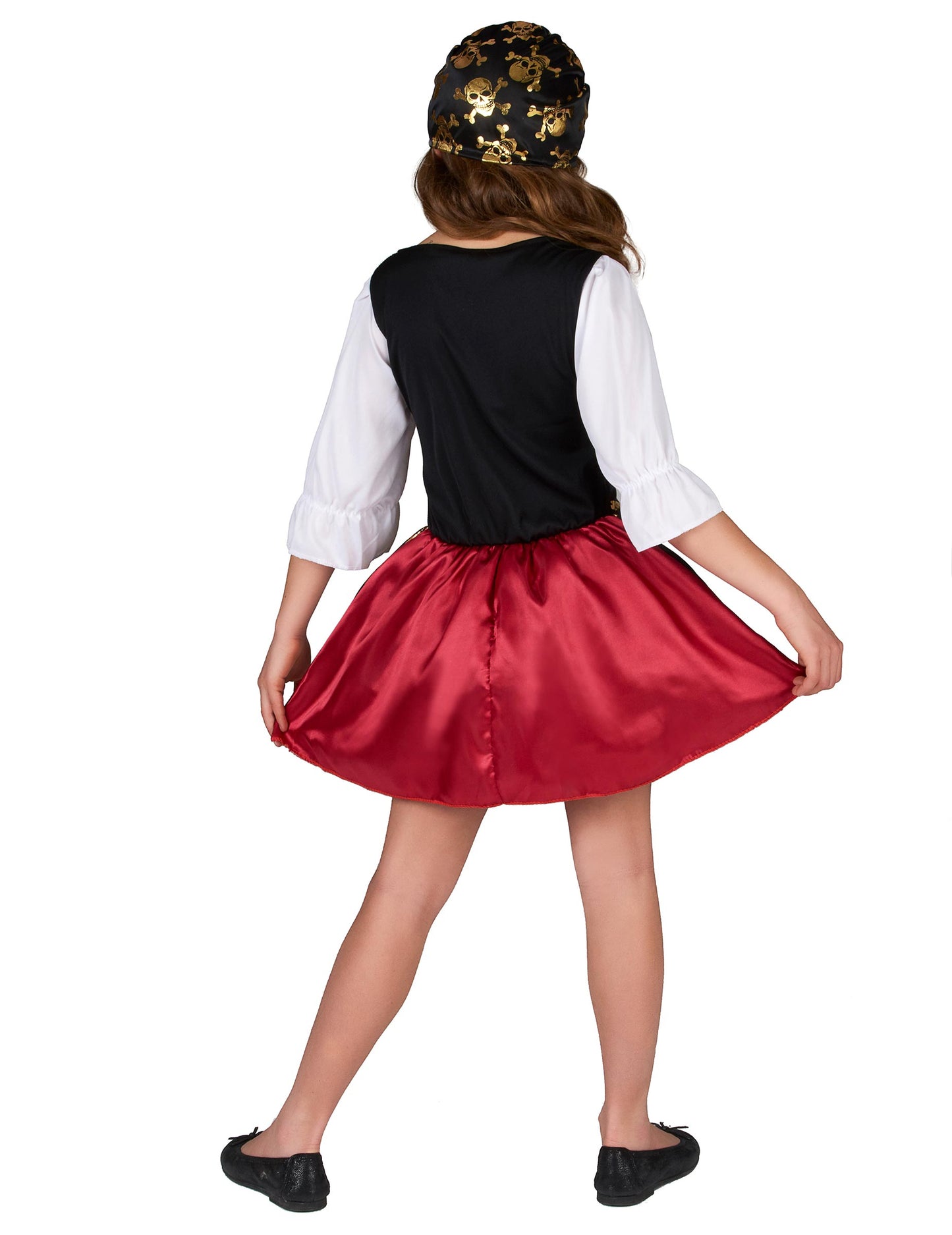 Pohľad zozadu na pirátsky kostým so zlatými motívmi pre dievča