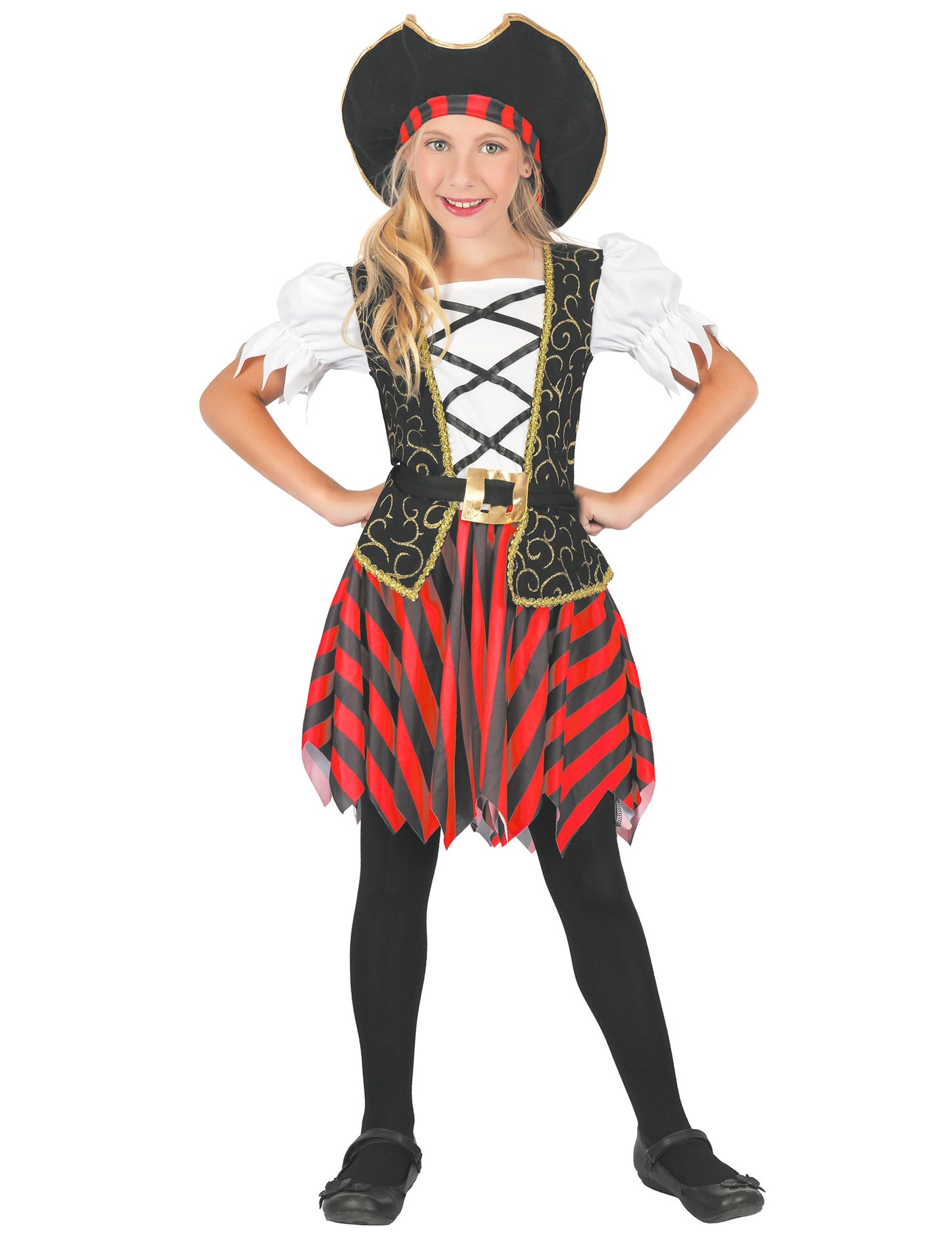 Déguisement de pirate pour fille noir et rouge avec chapeau