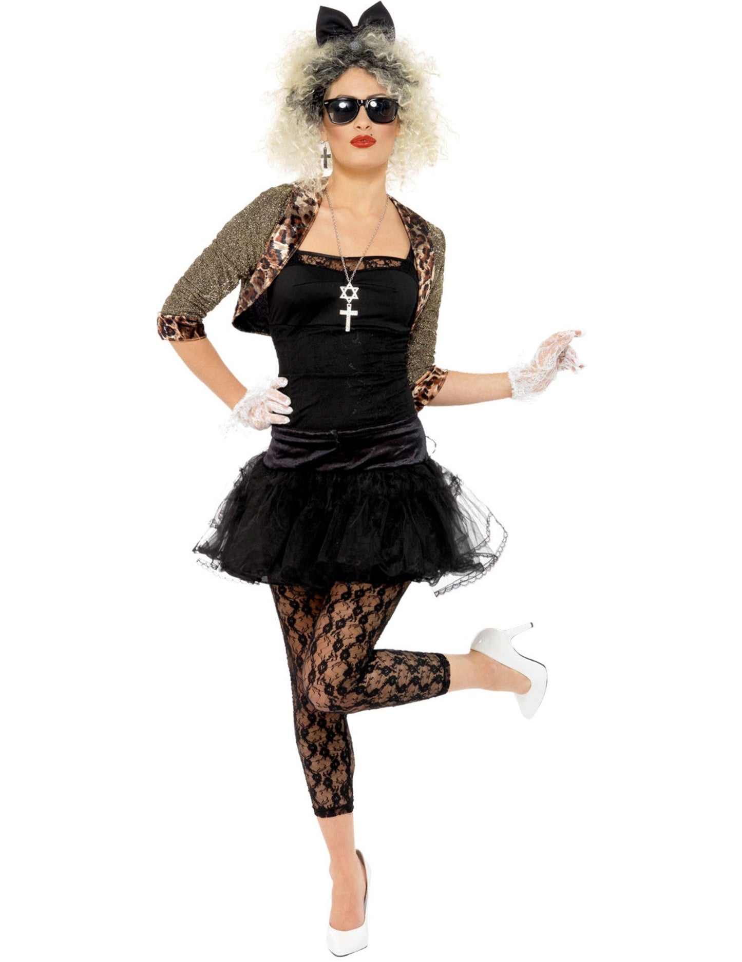 Pohľad spredu na déguisenie pop hviezdy 80. rokov