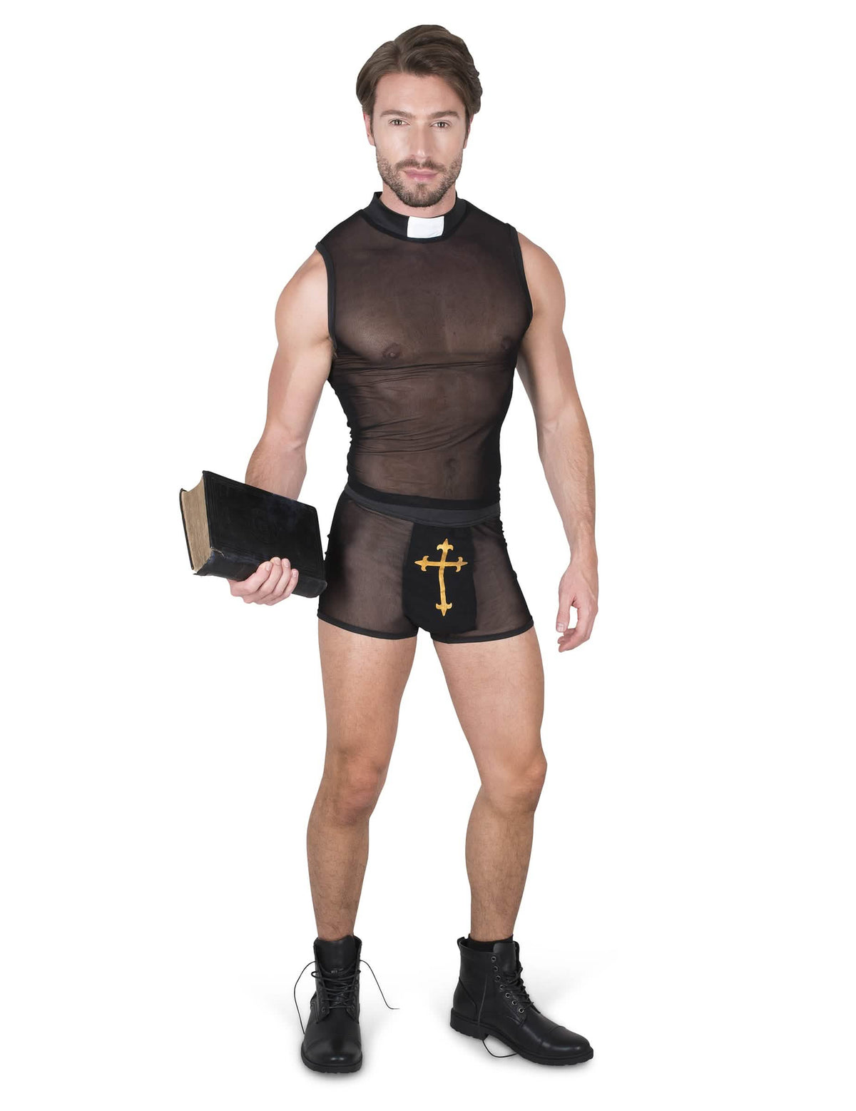 Biblia v ruke kostýmu hriešneho kňaza pre muža