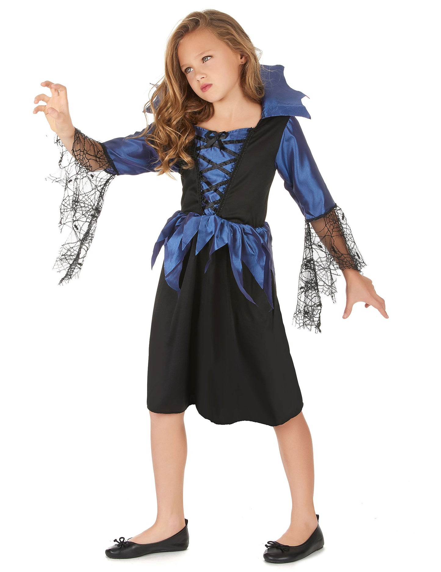 Modrý kostým kráľovná pavúk dievča