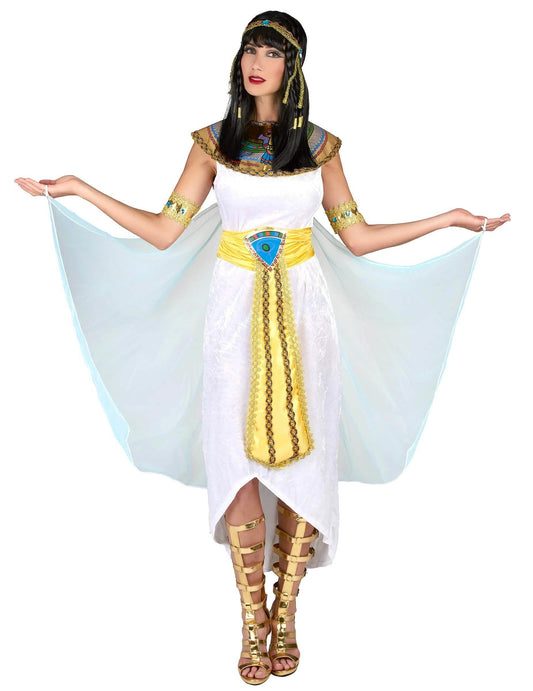 Vue de face de la robe avec cape du déguisement de couple égyptiens
