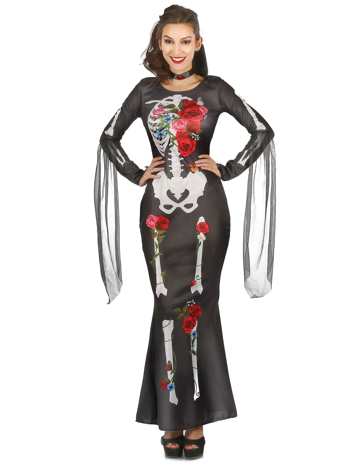 Kostým šaty kostra Dia De los Muertos pre ženu čierne s červenými kvetmi