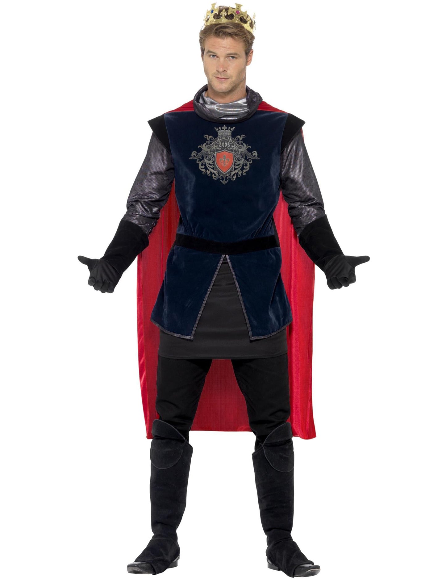 Predný pohľad na kostým stredovekého kráľa s efektom semišu
