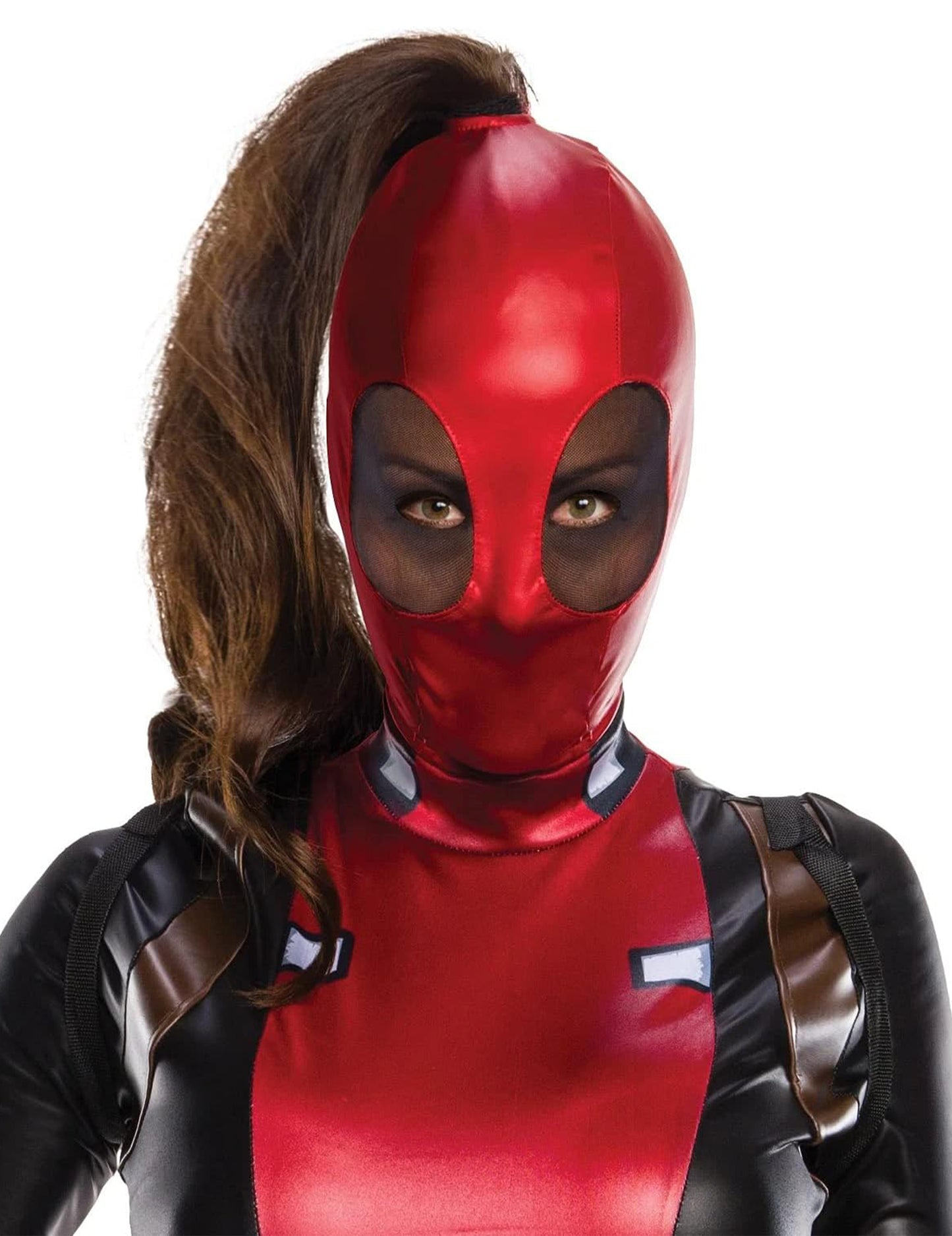 Détail du masque avec queue-de-cheval du déguisement sexy Lady Deadpool™