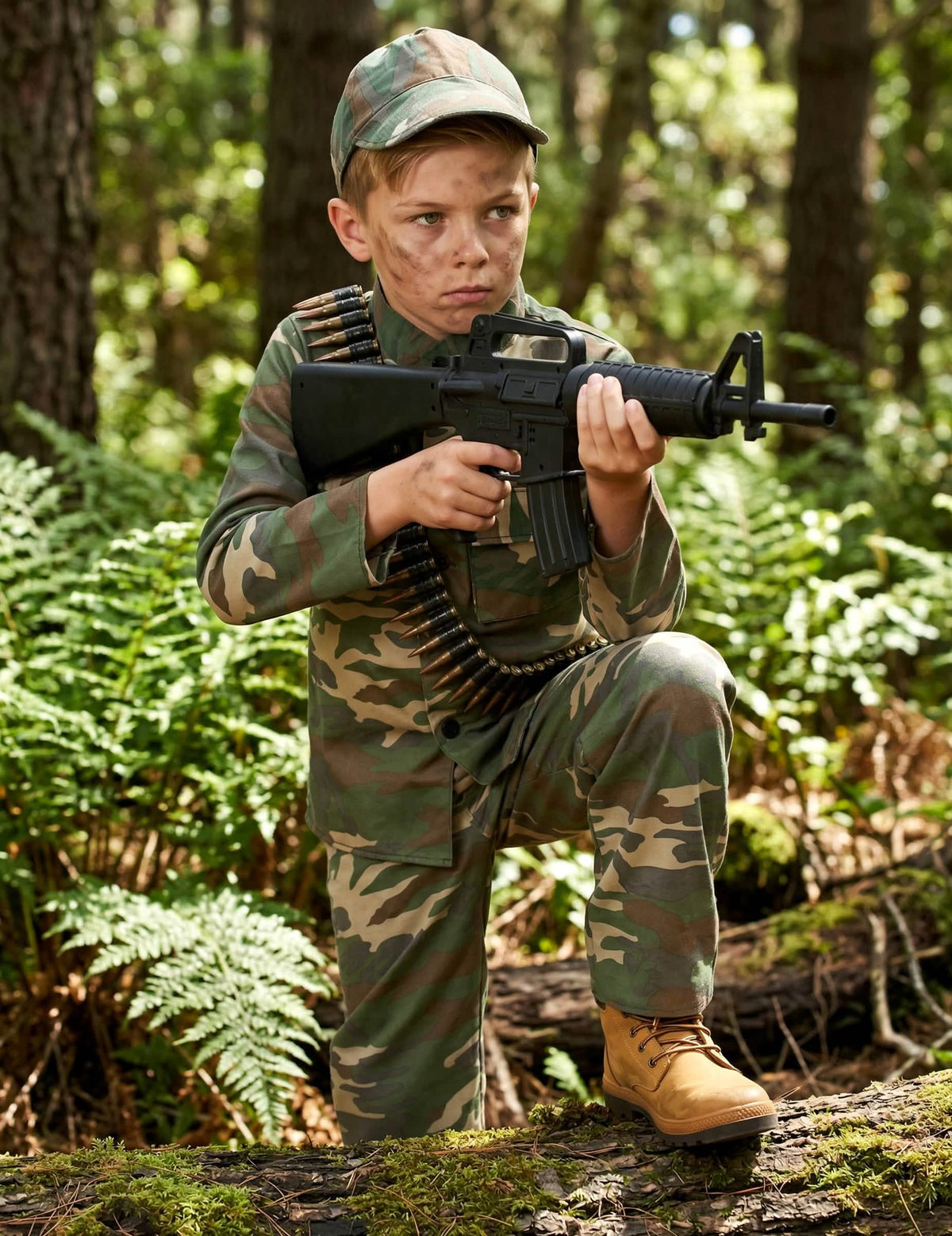 Zobrazenie v lese kostýmu vojaka pre chlapec