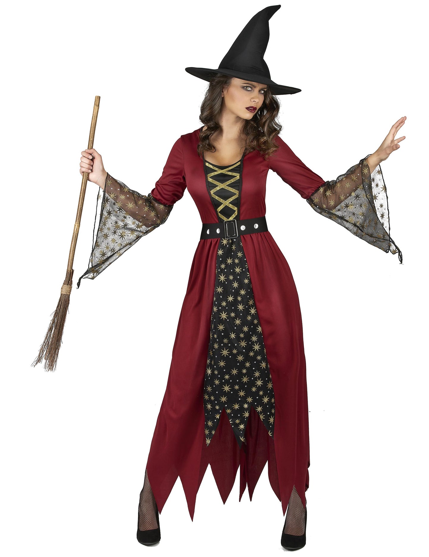 Červená a zlatá čarodejnícka kostýmová žena