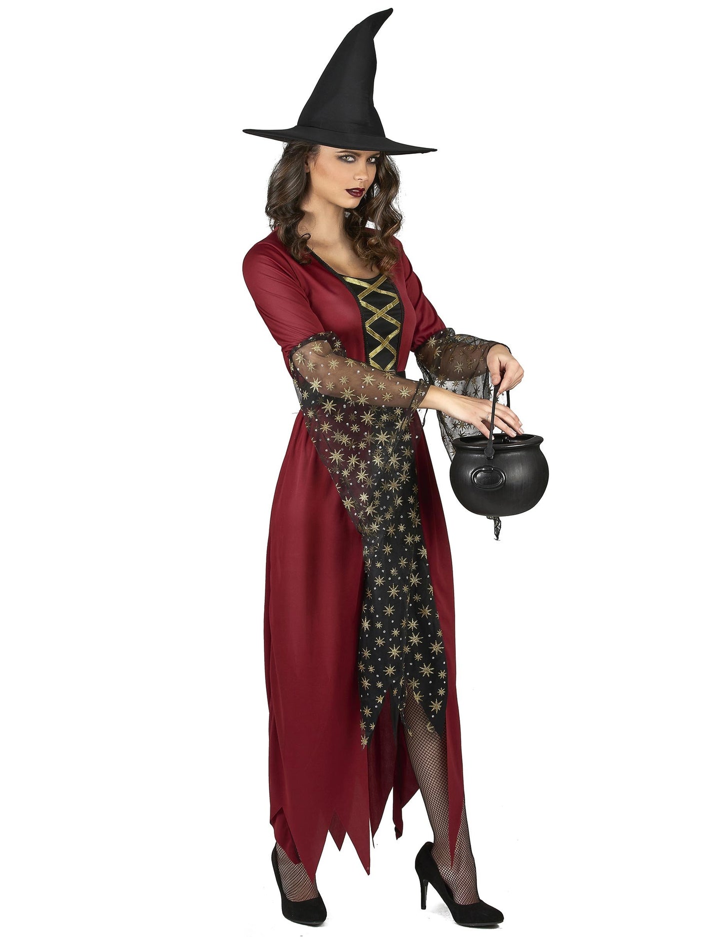 Červená a zlatá čarodejnícka kostýmová žena