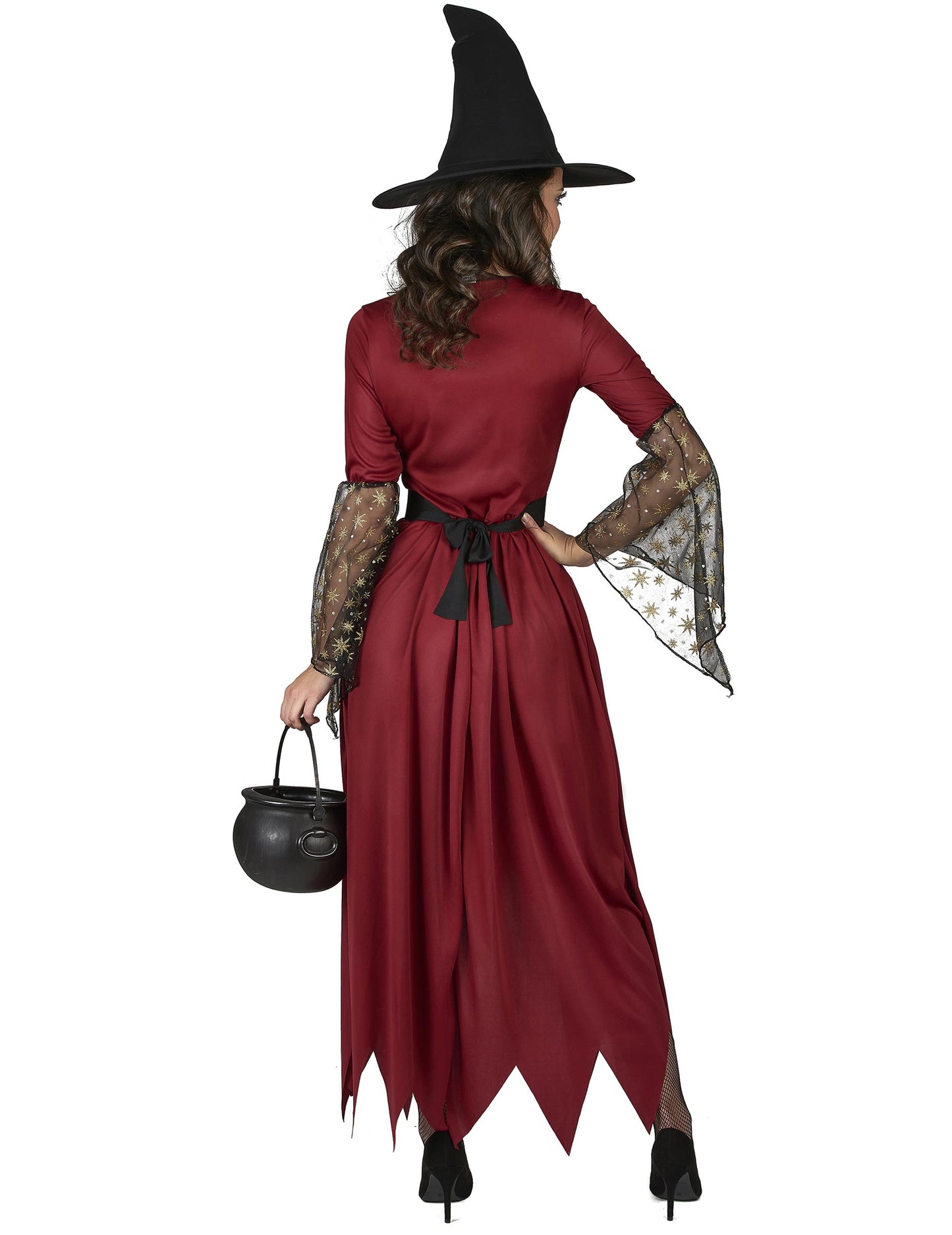 Červená a zlatá čarodejnícka kostýmová žena